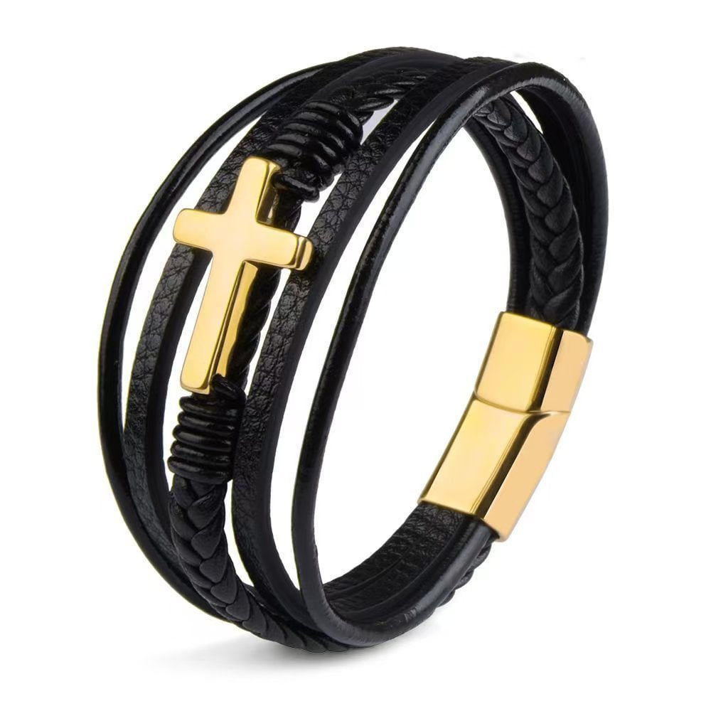 Wholesale Punk Cross Leather Men' s Multi-Layer Braided Bracelet